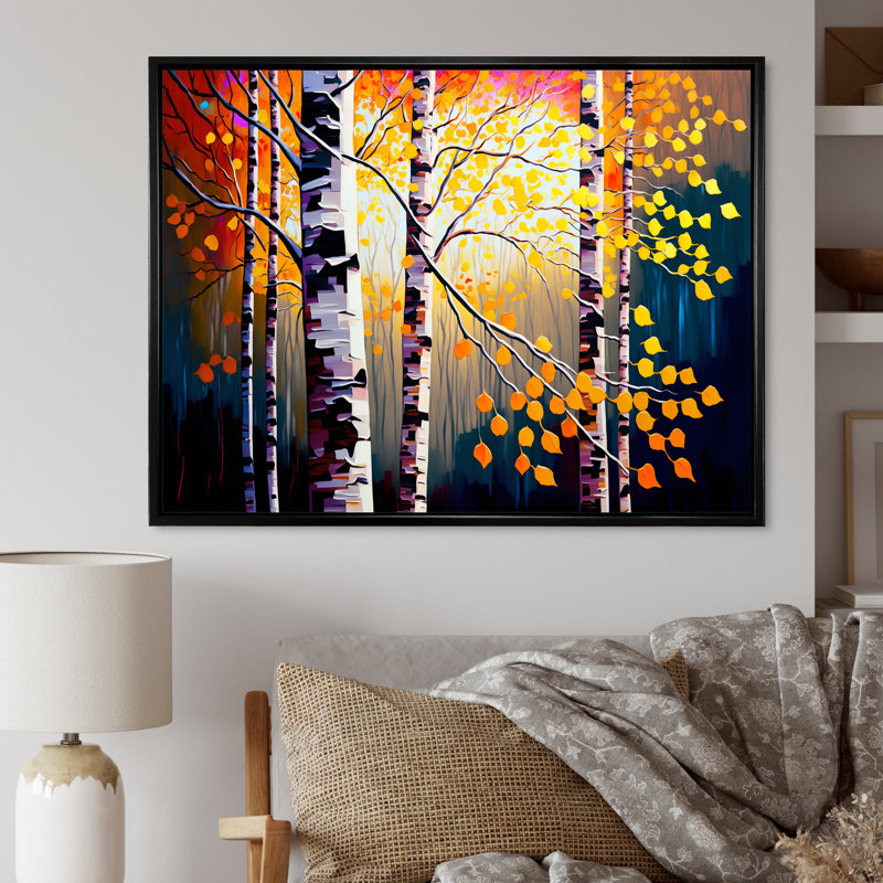 «Autumn Birch Trees Forest I», art mural sur toile, H 16 po x l 32 po x P 1 po, Cadre flottant noir