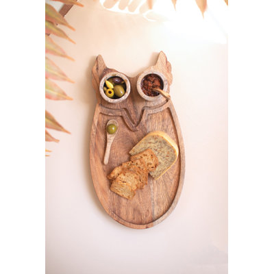  Set of Two Wood Owl Serving Boards with Marble Bowls and Spoons Decorative Tabletop Decor Accent Brown Natural Finish