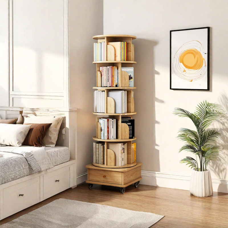 360° Rotating Bookshelf with Wheels Space-Saving Multi-Tier Spinning Bookcase Organizer Modern Display Shelf for Small Spaces Living Room Bedroom Office