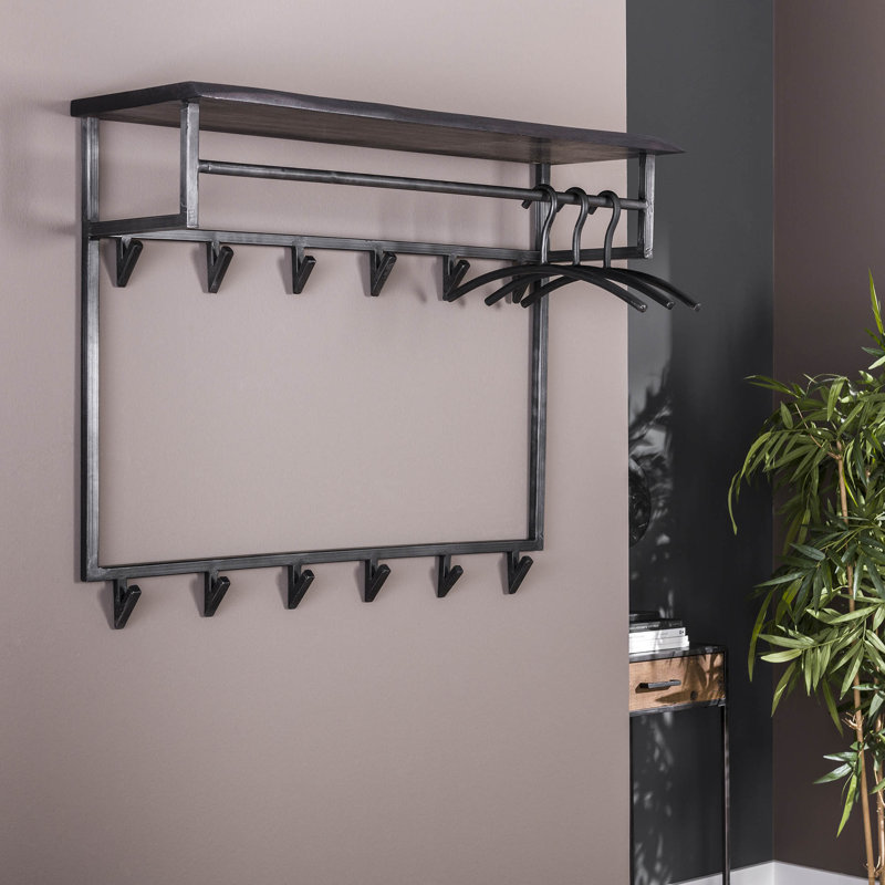 Solid Wood 12 - Hook Wall Mounted Coat Rack with Storage