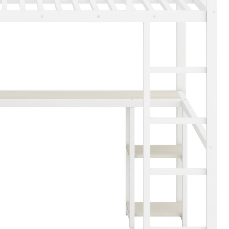 Metal Loft Bed Frame With Built-In Wardrobe, Desk And Storage Shelves, White/White Woodgrain