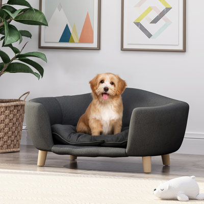 Cadre de lit surélevé pour petit chien, canapé-lit en tissu avec pieds en bois d'hévéa et mousse de soutien, montage facile