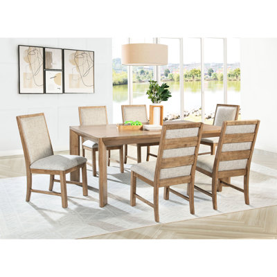 Rectangular Dining With Natural Finish, 45-degree Leg Table And Upholstered Chairs Seating 6 In A Rustic Room Brown 7 , Distinctive Configuration