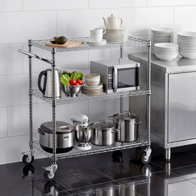 Kitchen Utility Cart, 3 Tier Heavy Duty Adjustable Wire Storage Rack, Commercial Steel Rolling Service Trolley on Wheels, Work Table with Handle Bar, for Garage and Laundry Room, 35x17.8x40.9 in