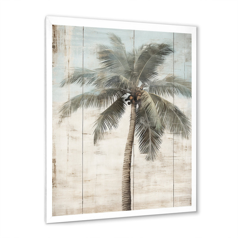 Palmier tropical dans des couleurs rétro délavées - prairie, art mural, H 32 po x l 16 po x P 1 po, Cadre simple blanc