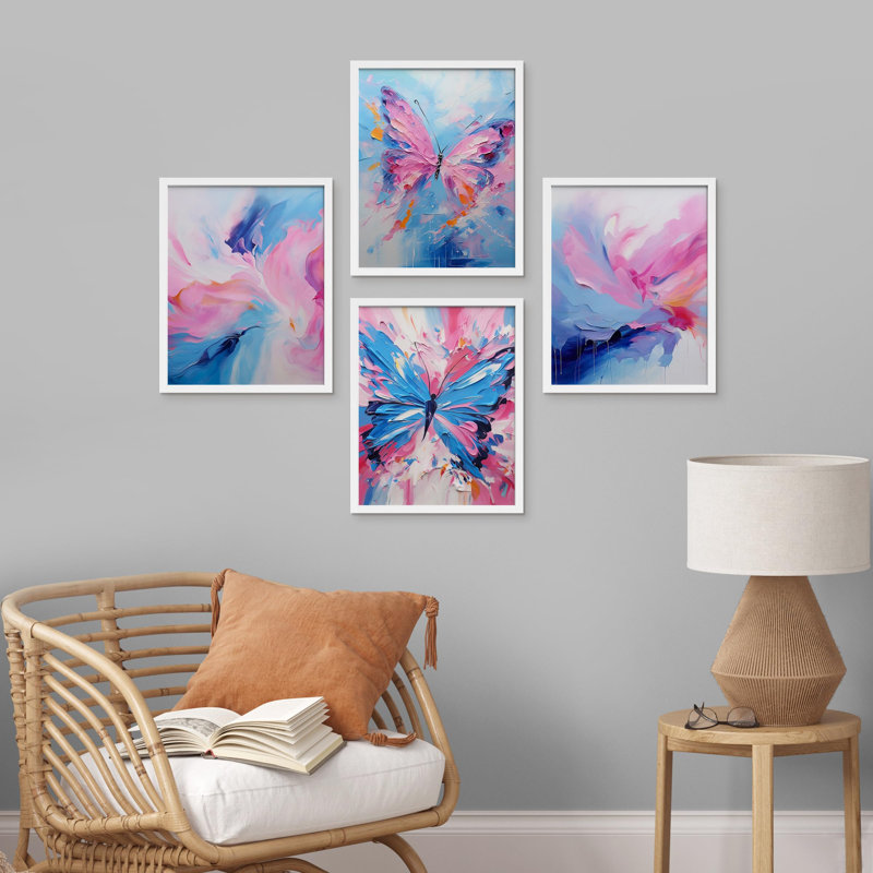 «Abstract Floral and Butterfly Vibrant» encadré sur papier, impression de 4 pièces, Blanc, H 14 po x l 11 po