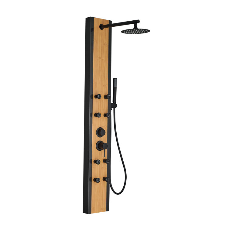 3-way Diverter Shower Tower Panel System With Rainfall Shower Head And Handheld Shower Head in Black and Bamboo
