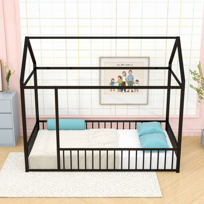 Twin Metal House Bed With Fence-Style Guardrails