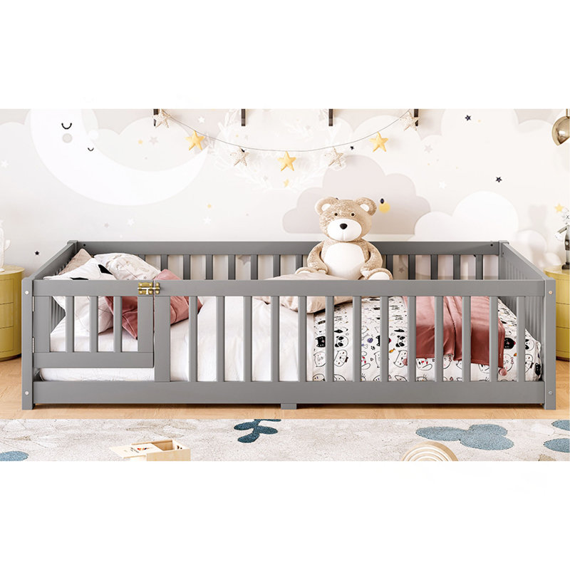 Lit au sol avec garde-corps et porte pour enfants, Lit double, Gris