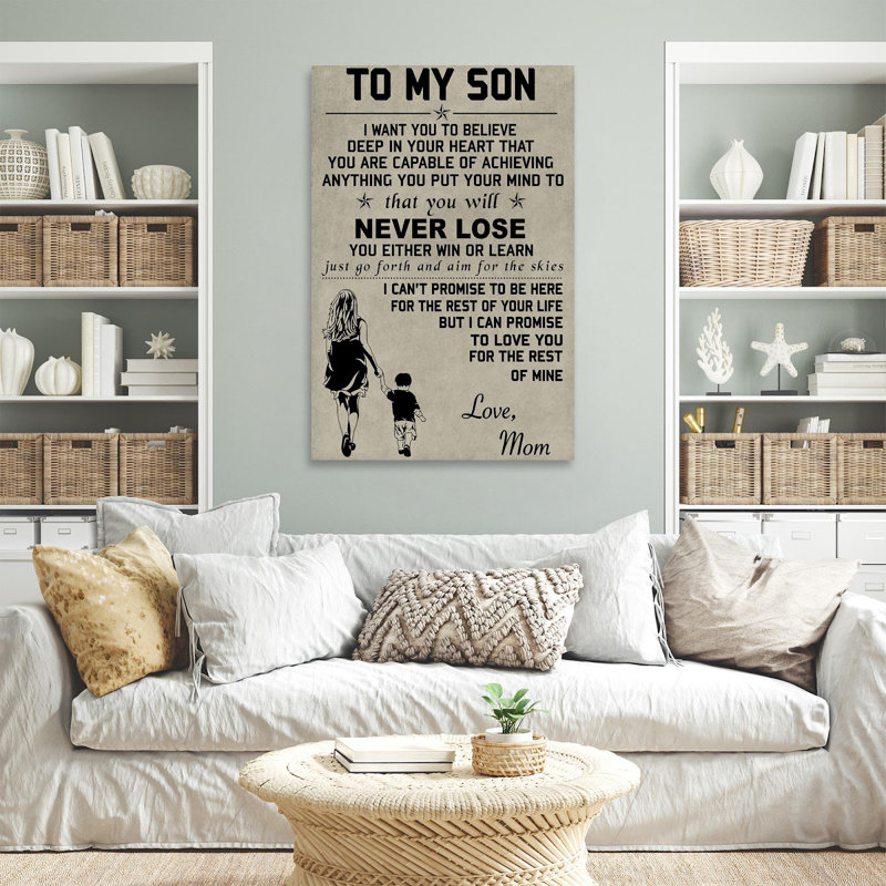«To My Son Mother and Son», art textuel sur toile tendue, H 36 po x l 24 po x P 1,25 po