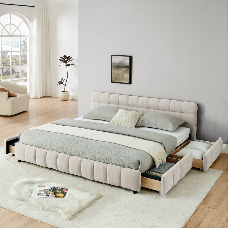 Structure de lit rembourrée avec tête de lit et tiroirs de rangement, Beige, Très grand lit