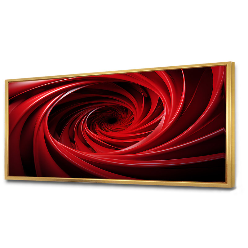 «Red and Black Abstract Spiral Dreamscape» - Art mural spirales abstraites, Cadre flottant doré, H 28 po x l 60 po x P 1,5 po