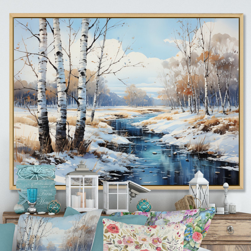 Birch Woods Winter Whispers IV - arbre, art mural Birch, H 34 po x l 44 po x P 1,5 po, Cadre flottant brun naturel