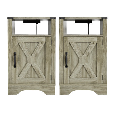 Farmhouse Nightstand Side Table, Wooden Rustic End Table, Tall Bedside Table With Electrical Outlets Charging Station (2 Sets) by Gracie Oaks