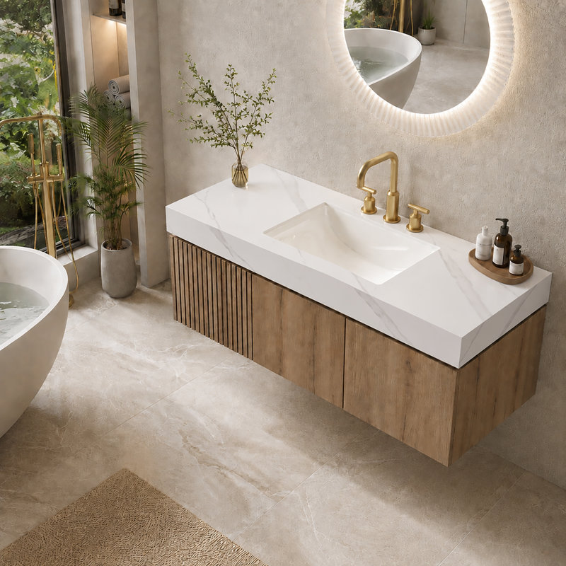 Ensemble de meuble-lavabo flottant moderne avec lavabo 48 po Alba, Chêne clair, Blanc de Carrare