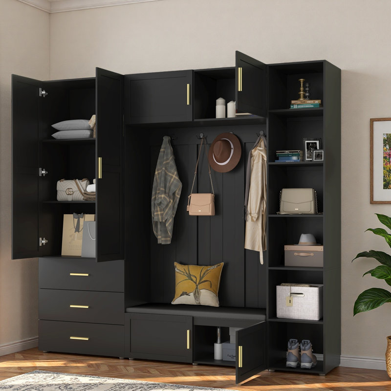 4-in-1 Hall Tree With Padded Bench, 4 Hooks, 3 Drawers And Adjustable Storage Shelves, Antique Black