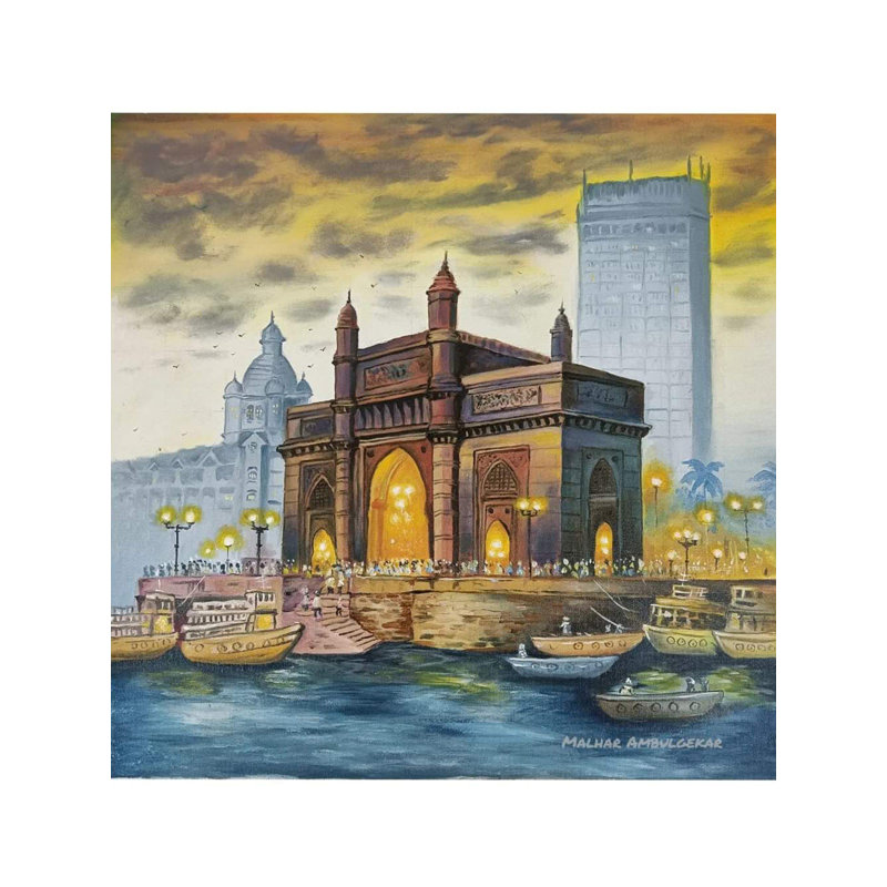 Gateway of India Oil Painting on Canvas by Malhar Ambulgekar 24" H x 24" W Framed City Landmark Wall Art Home Decor.
