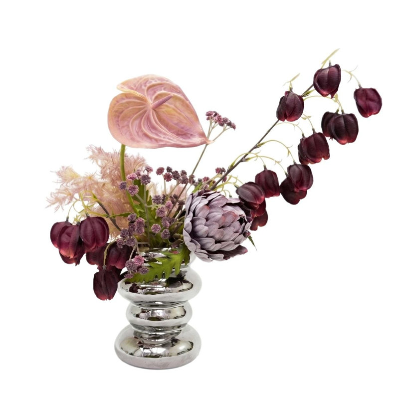 Arrangement de fleurs artificielles rétro réalistes de 7,8 po avec vase en céramique empilé argent moderne