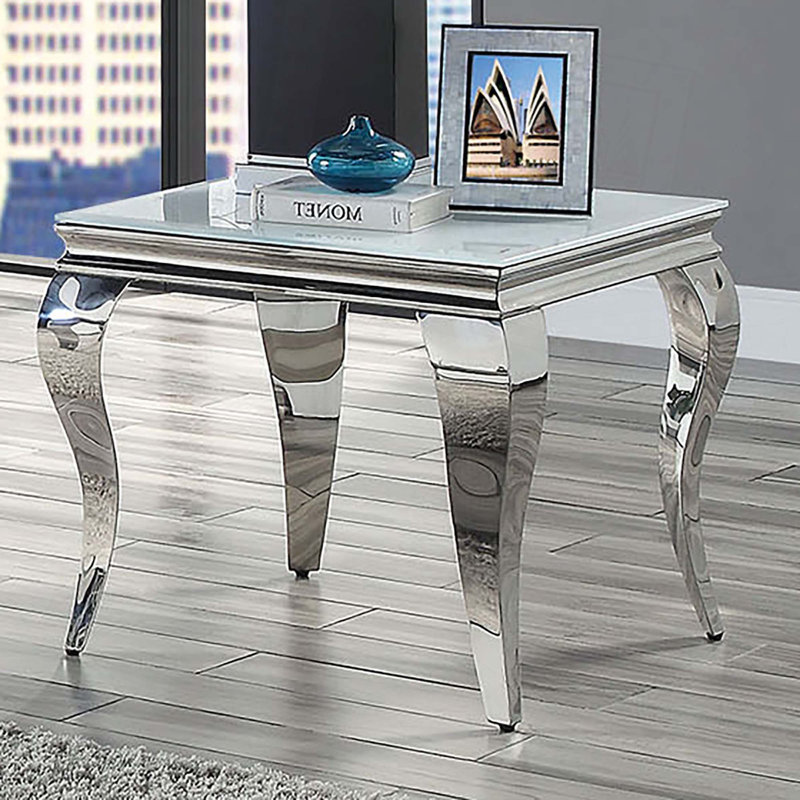 Table de bout contemporaine 1 pièce avec plateau en verre et pieds de style cabriole en acier inoxydable, Blanc
