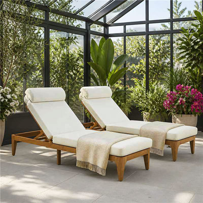 Chaise longue en bois d'acacia, chaise longue d'extérieur, fauteuil inclinable pour patio avec dossier réglable et coussin pour la piscine, la cour, le jardin, l'intérieur et l'extérieur, ensemble de 2