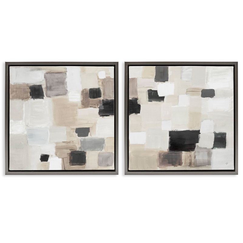 «Neutral Patchwork Squares», ensemble de 2 toiles flottantes encadrées par Lanie Loreth, Cadre flottant gris lustré