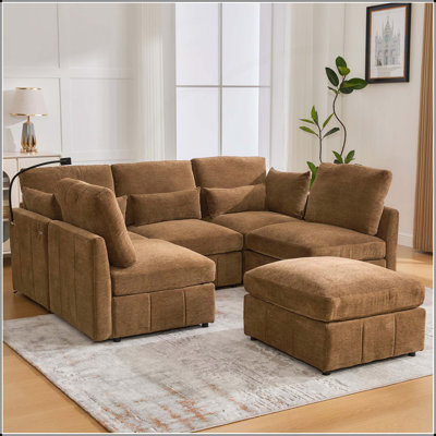 Modern Sectional Sofa Modular U-shaped and L-shaped Couch with Movable Ottoman, USB Ports, and Phone Holder for Flexible Living Room Seating