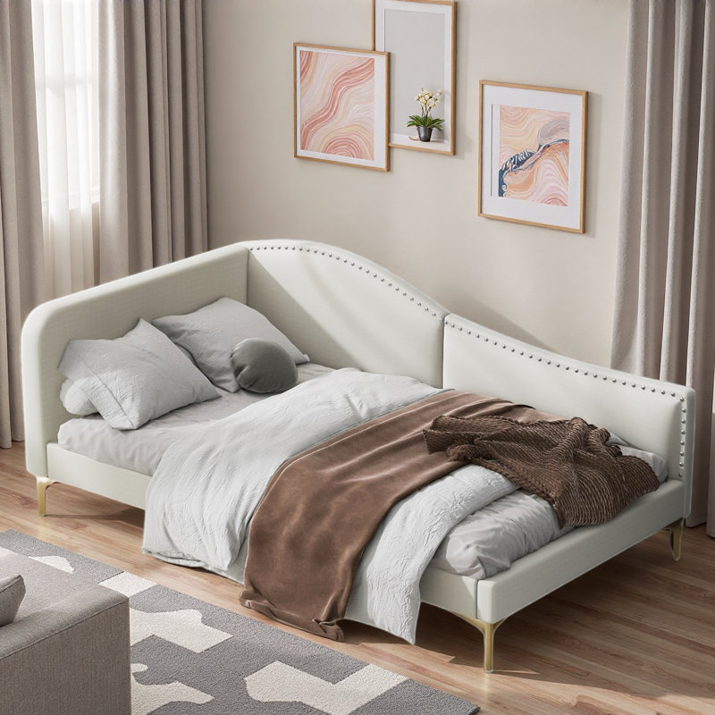 Upholstered Daybed With Headboard And Armrest, Beige, Twin