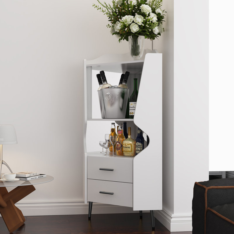 Wooden Corner Bar Cabinet With 2 Open Storage Shelves And 2 Drawers, White