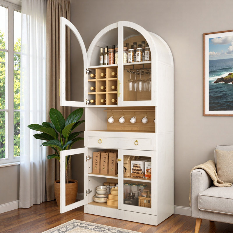 Armoire de bar Mid-Century arquée avec tablette réglable, grand tiroir, 5 crochets, 9 supports à vin, 3 porte-verres et portes en verre trempé