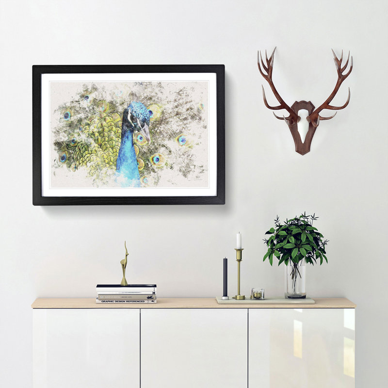 Dazzling Peacock Bird - Single Picture Frame Painting on MDF, 62cm H x 87cm W x 2cm D, Black Framed