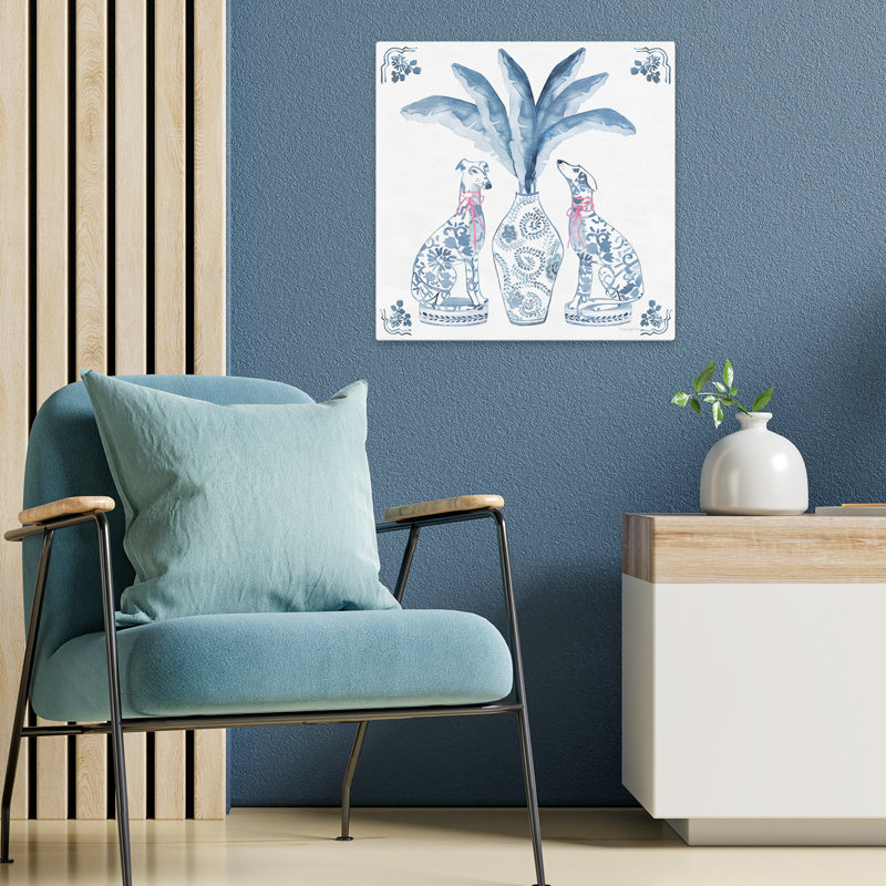 Chinoiserie Dogs I, art contemporain, H 18 po x l 18 po