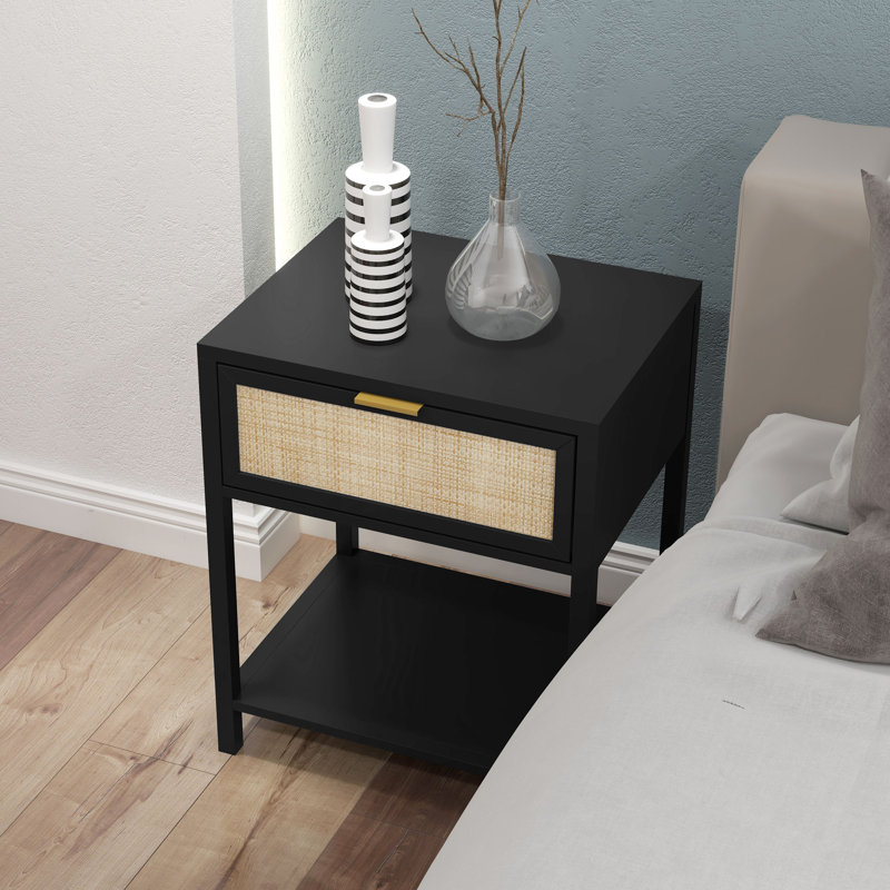 Boho Bedside Table with Drawer, Open Shelf and Rattan Element Black