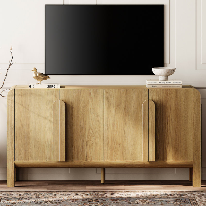 63" Mid-Century Modern TV Stand With Storage, Entertainment Center With Adjustable Shelves,Wooden TV Console With 4 Doors For Living Room