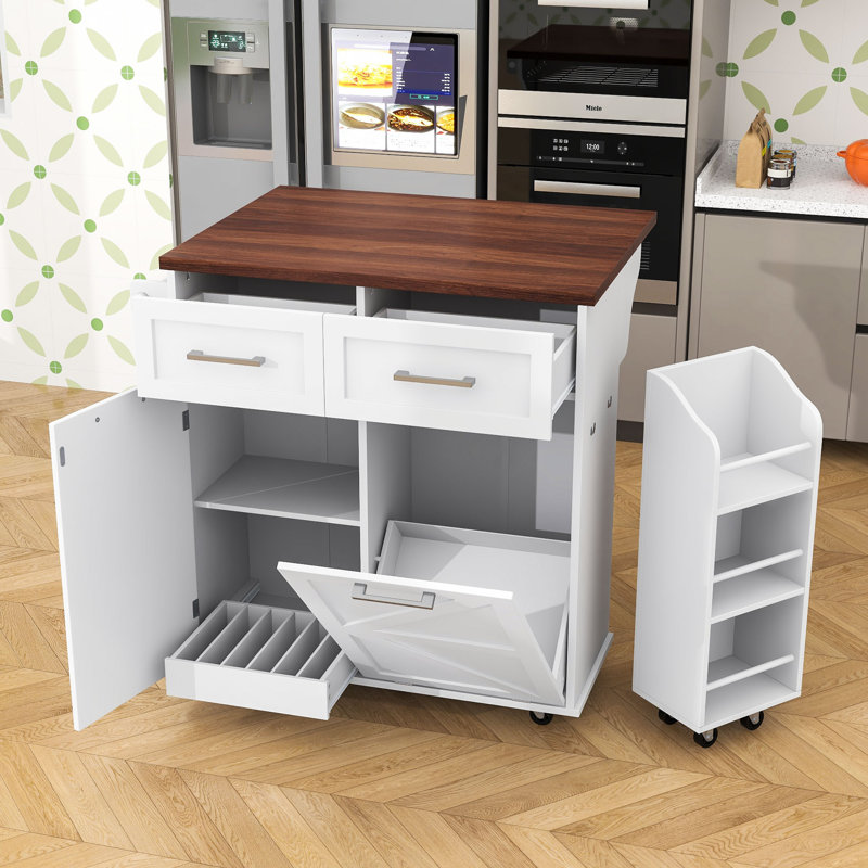 Elegant Kitchen Island with Removable Side Shelf, Tilt Trash Cabinet, White