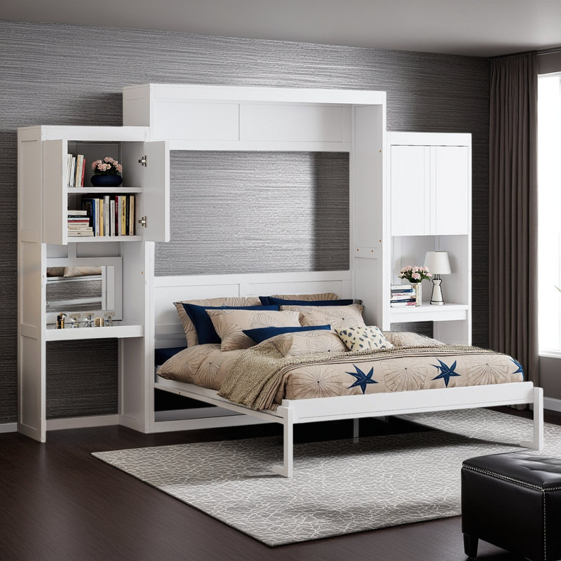 Grand lit escamotable avec bureau, meuble-lavabo rabattable et rangement pour armoire, lit mural peu encombrant, Blanc