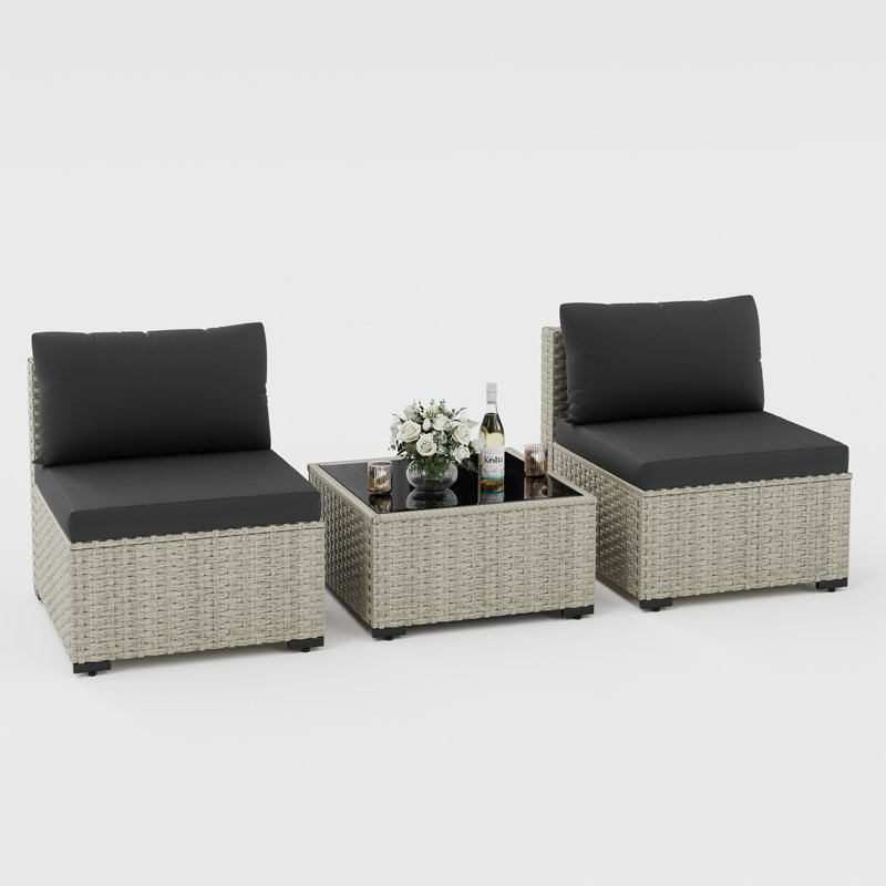 Demasi 2-Person Outdoor Wicker Sofa Set With Cushion, Black