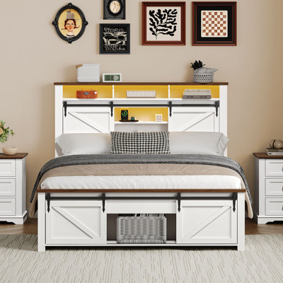 Farmhouse Bed Frame with Sliding Barn Door Storage and LED Light