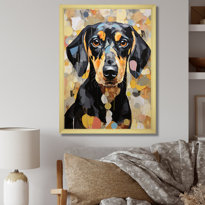 Drôle de daschund sur toile, Cadre doré simple, H 40 po x l 30 po x P 1,5 po