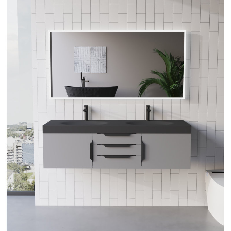 Meuble-lavabo mural double l 60 po x P 19 po x H 17,75 po Velkan, Noir, Gris, Chrome brossé