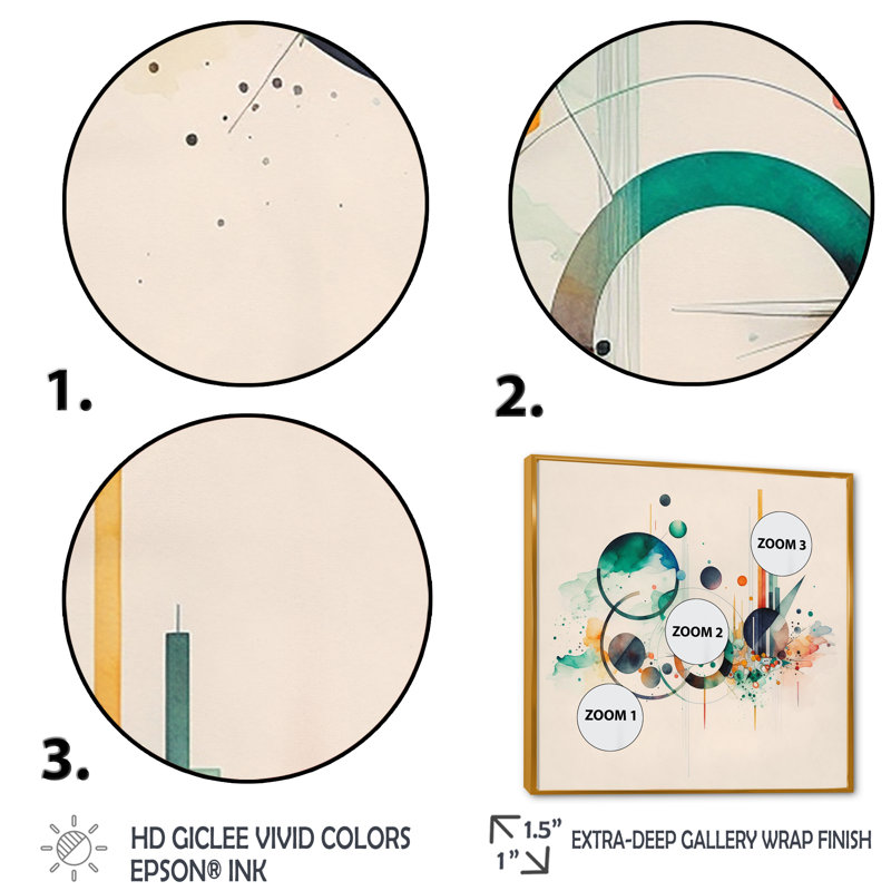Art géométrique multicolore aquarelle II - peinture sur toile, H 24 po x l 24 po x P 1 po, Toile avec cadre flottant or
