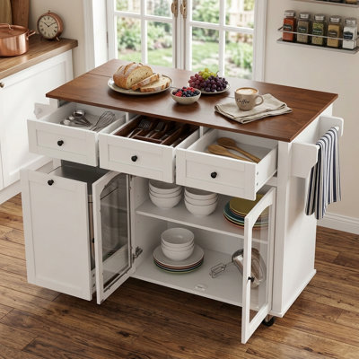 Îlot de cuisine mobile avec rangement à porte vitrée et armoire à poubelle