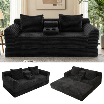 Corduroy Boneless 2-in-1 Convertible Sofa Bed with Cup Holder Console