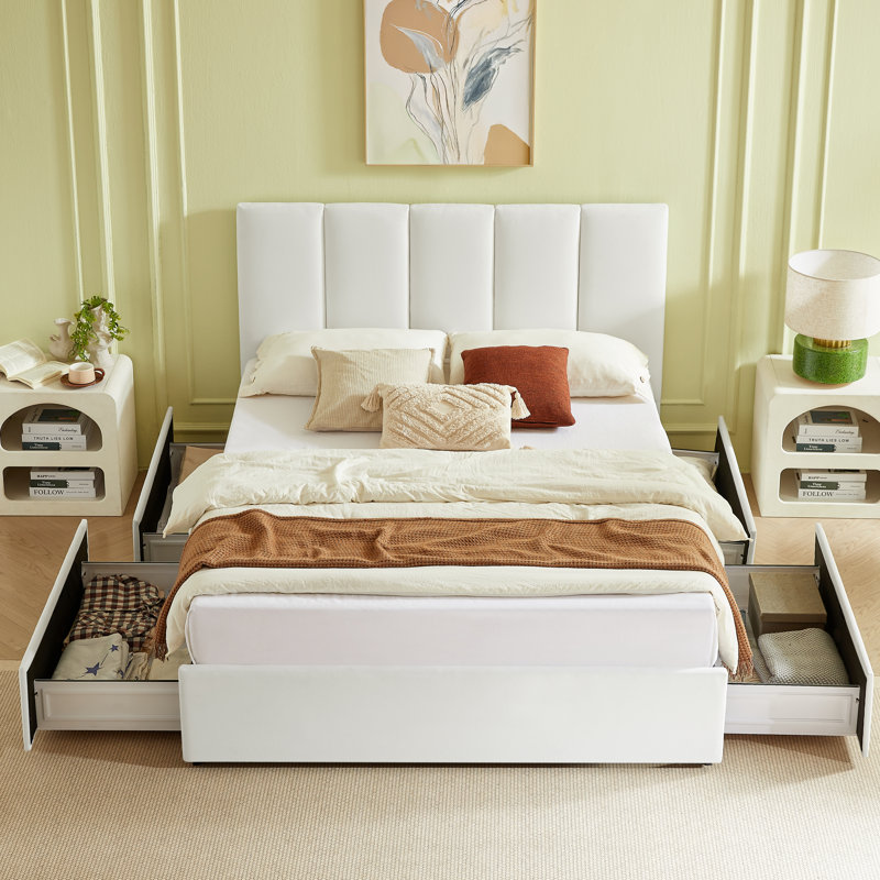 Lit plateforme tapissier avec rangement et 4 tiroirs, support de lattes en bois, aucun sommier nécessaire, Grand lit, Blanc