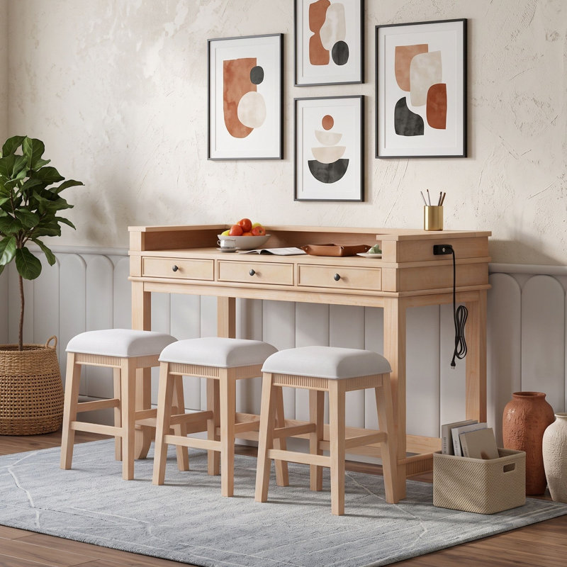 Ensemble de salle à manger quatre pièces avec trois tabourets rembourrés et tiroirs de rangement, Naturel