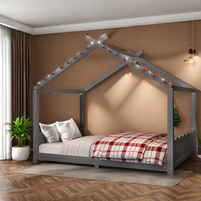 Lit fantaisiste en bois massif, design Montessori gris pour chambre d'enfant