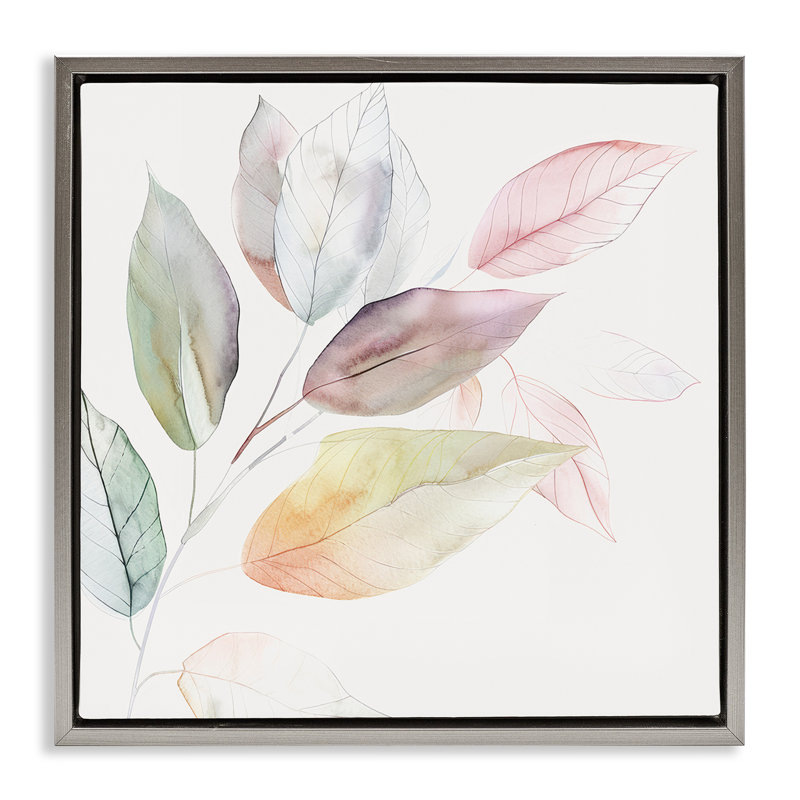 Cadre flottant clair à feuilles pastel, design par Raymond Powers, Cadre flottant gris lustré, H 18 po x l 18 po