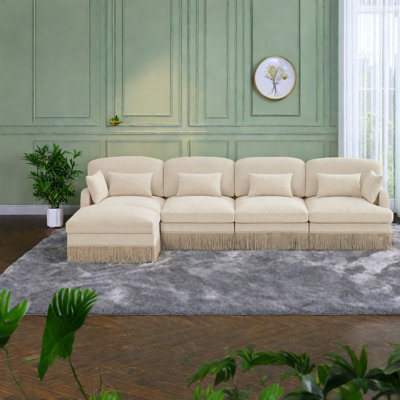 Spacious Chenille L Shaped Sofas, Modern Tassel Style For Living Room