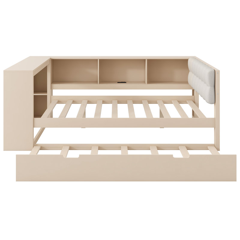 Lit plateforme en bois peu encombrant, finition crème, design moderne pour la maison