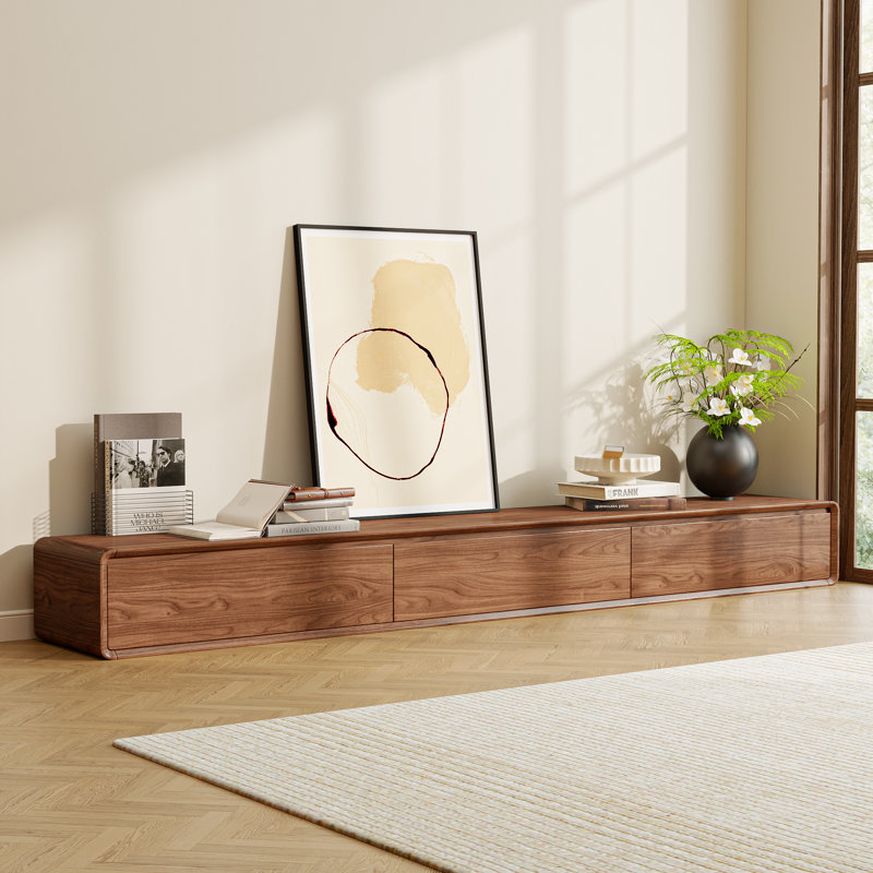 Meuble télé moderne en noyer avec 3 tiroirs pour un rangement élégant dans le salon, H 10,2 po x l 94,5 po x P 14,6 po