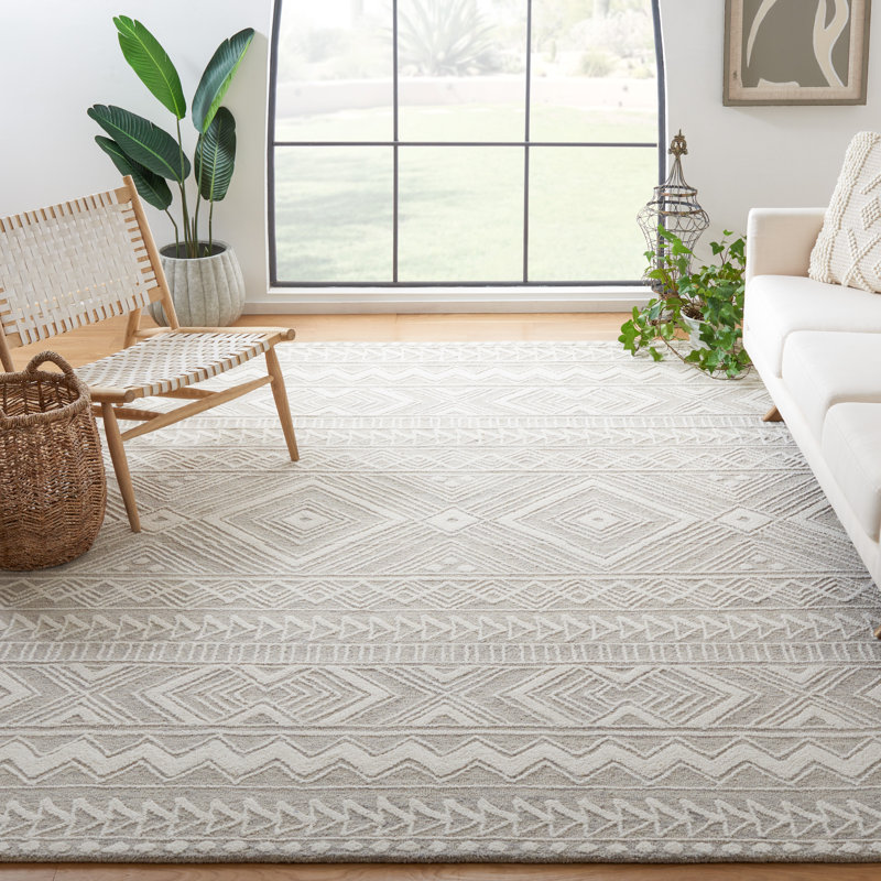 Kyndall Southwestern Handmade Tufted Wool Light Gray/Ivory Area Rug, Rectangle 3' x 5'